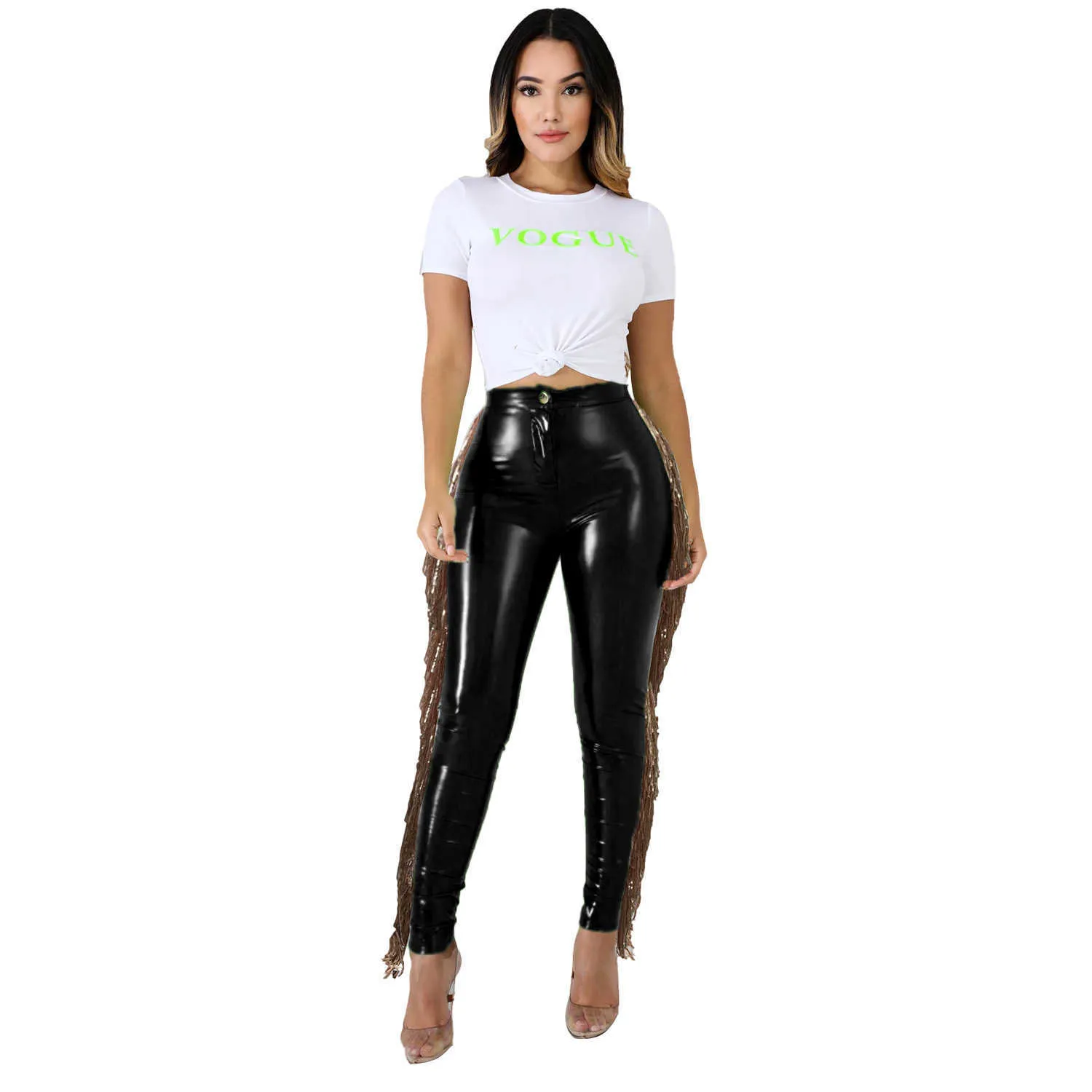 Colysmo PU Leather Pants Sequin Tassel Bodycon Pencil High Waist y2k Trousers Fashion Streetwear Women Party Club Outfits 210527