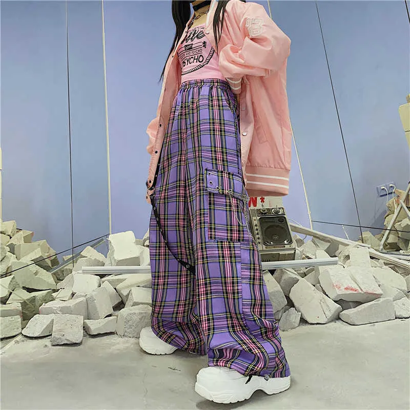 QWeek Mall Goth Y2K Calças de Carga Mulheres Hippie Roxo xadrez Harajuku Streetwear Cadeia Verificada Calças Famale High Wist Aesthetic 210925