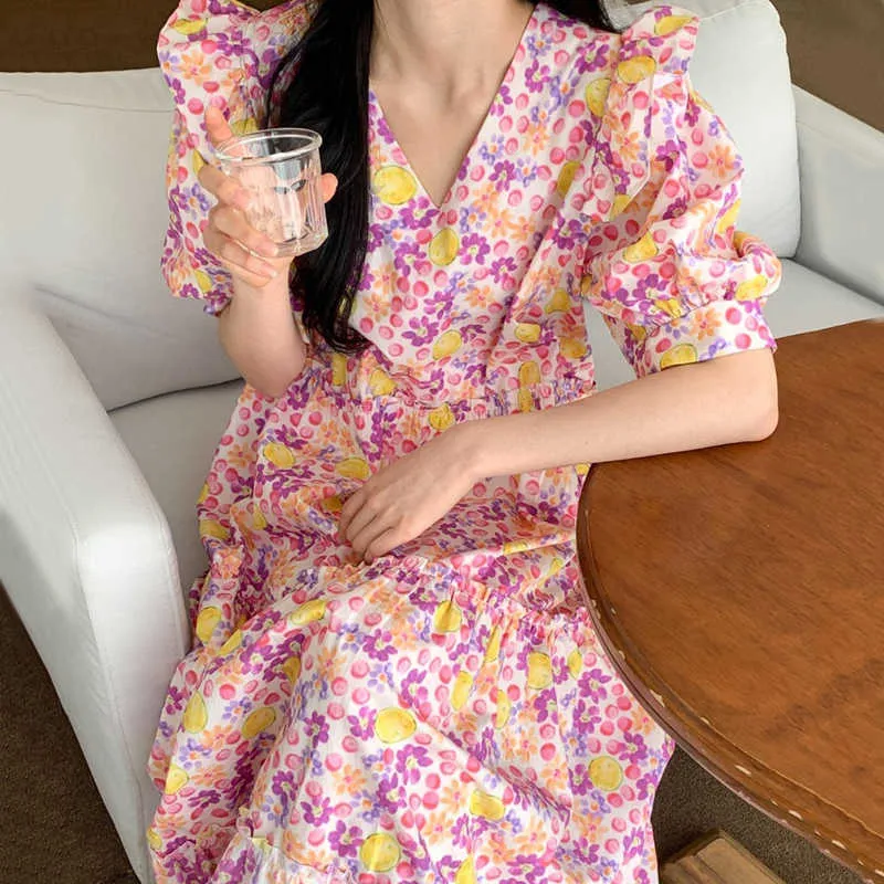 Korejpaa Women Dress Summer Korean Chic Female Retro Western Style V-Neck Wooden Ear Stitching Puff Sleeve Floral Vestidos 210526