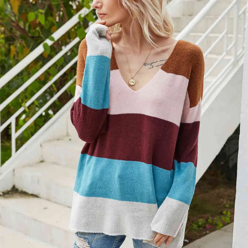 Casual Woman Loose Colorful Stripe V Neck Sweater Spring Autumn Fashion Ladies Backless Knitwear Kvinna Chic Stora Toppar 210515