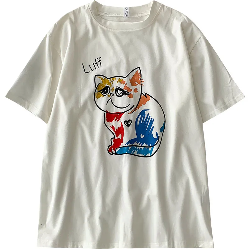 Kimutomo Cute Cartoon Printing T-shirt Kobiety Lato Koreański Mody Odzieżowa Kobieta O-Neck Krótki Rękaw Słodki Topy Casual 210521