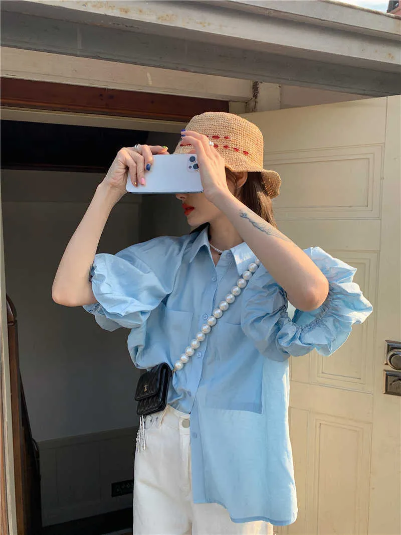Chic Korean Version Bubble Sleeve Shirt Women's Summer Thin Loose-fitting Outer Design Short-sleeved BLOUSE Top 210529