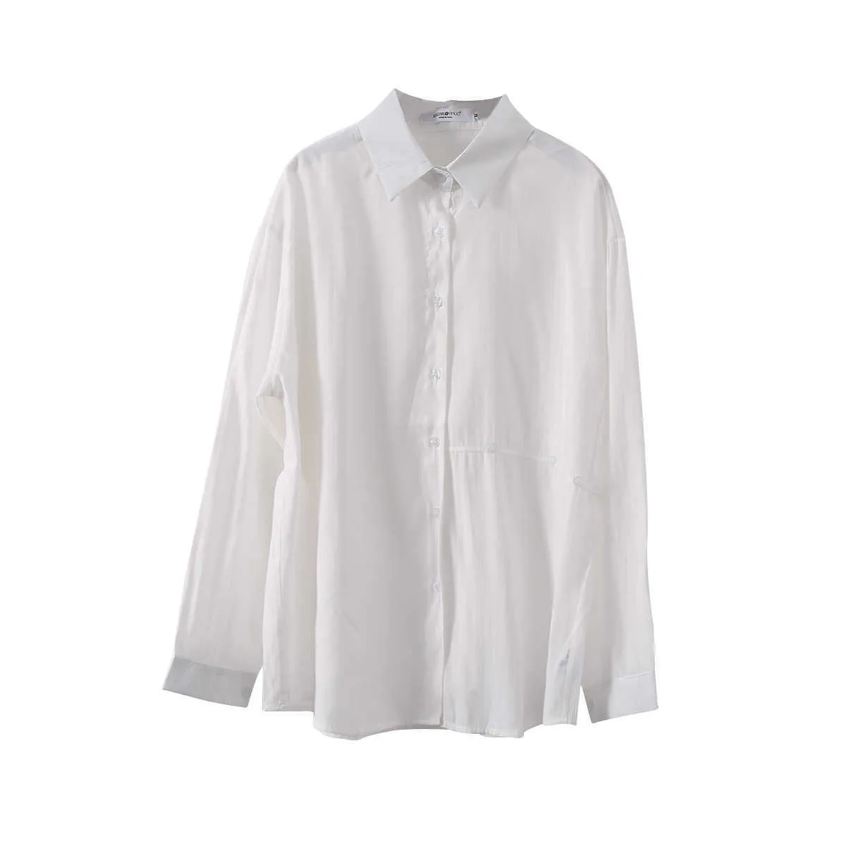 Chemise blanche ample à manches longues à col rabattu pour femmes d'été à simple boutonnage de couleur unie chemisier de protection solaire 210607