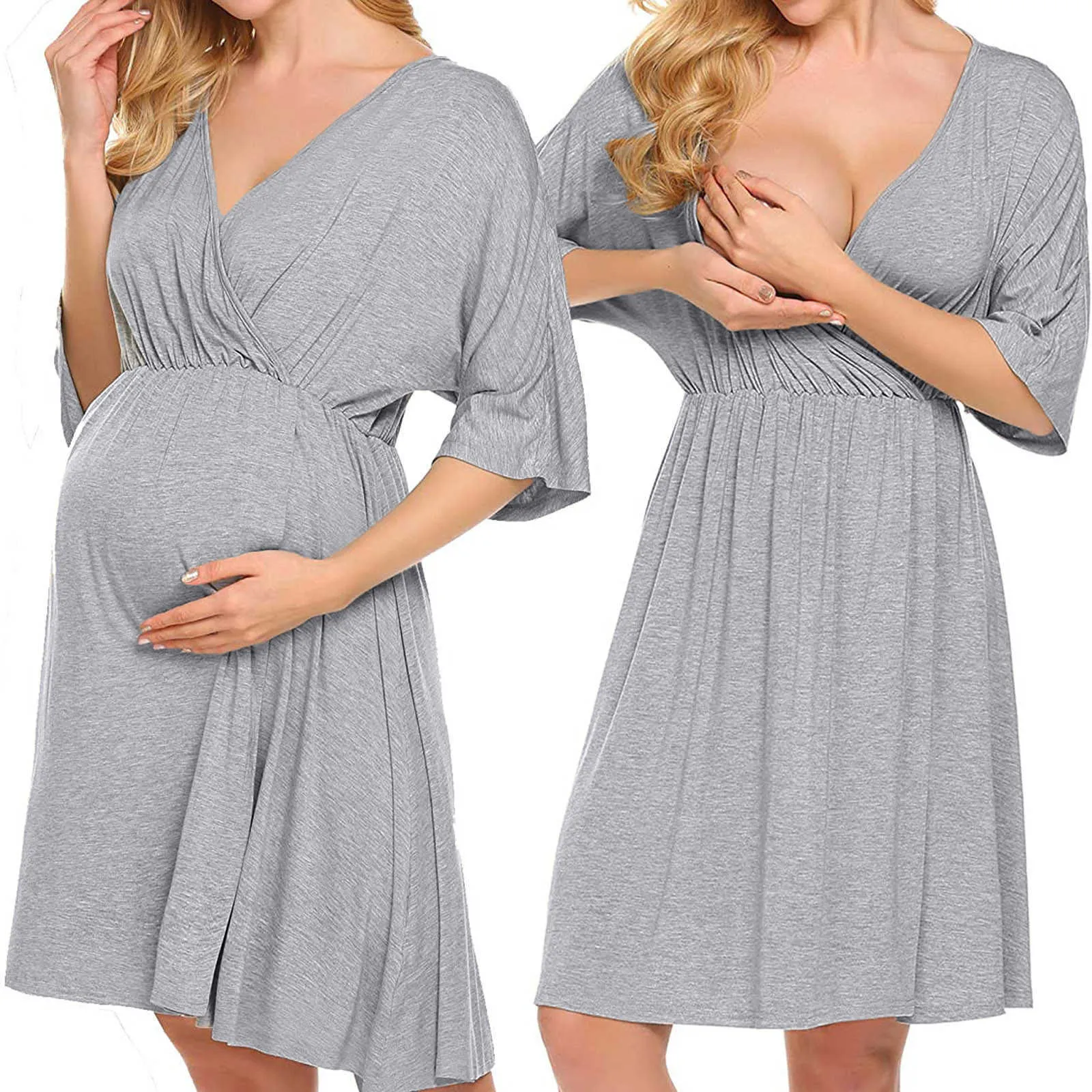 Robe de maternité pour femmes chemise de nuit d'allaitement pour l'allaitement couleur unie à manches courtes vêtements de nuit à col rond vêtements de maternité d'été Q0713