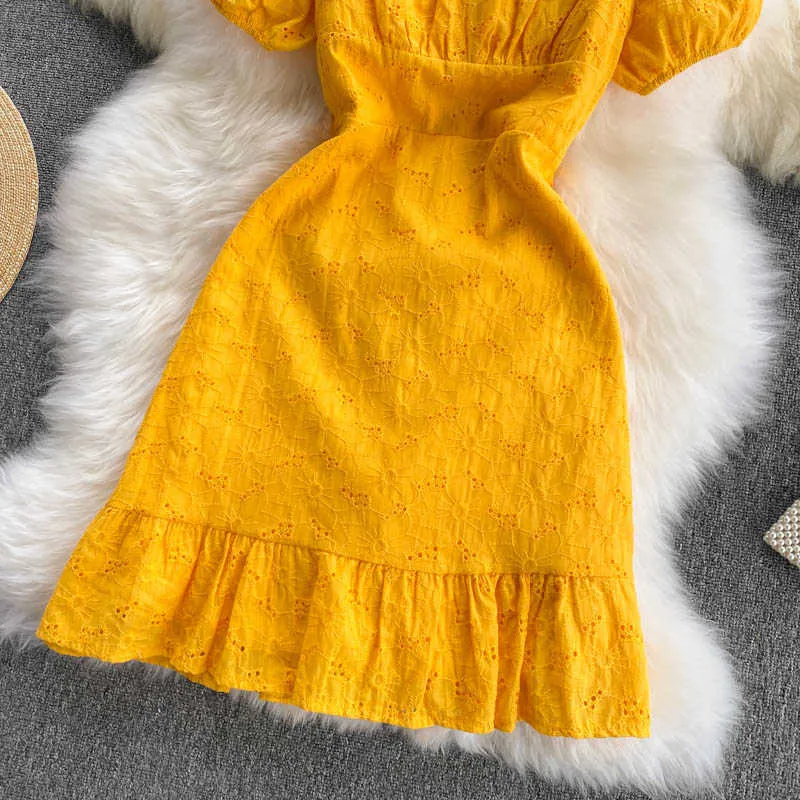 Sexy Yellow/Blue Hollow Out Mini Dress Women Square Collar Short Sleeve High Waist Ruffle Vestidos Vacation Beach Female 2021 Y0603