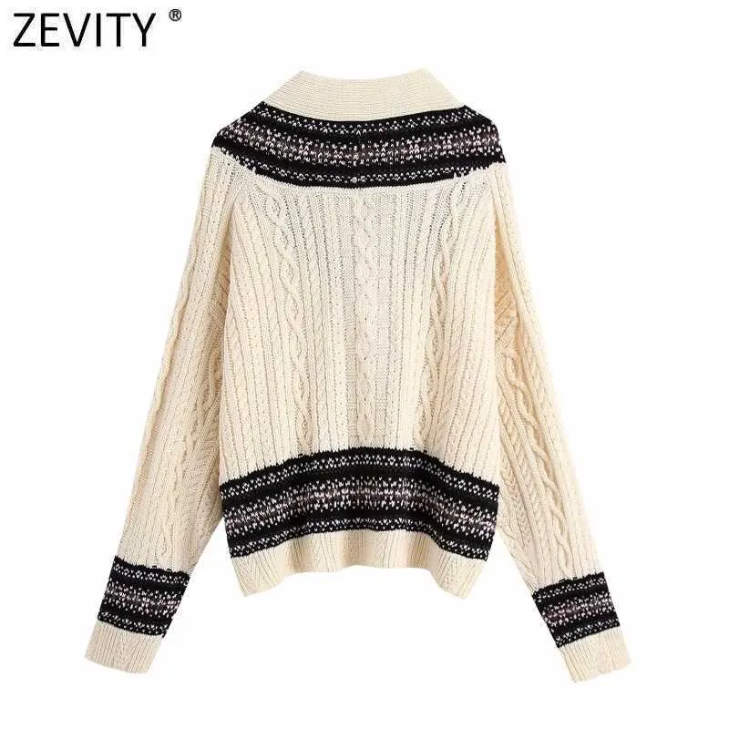 Zevity Women Vintage Contrast Colour Patchwork Jacquard Maglione lavorato a maglia Donna Chic manica lunga Cardigan petto Top S567 210603