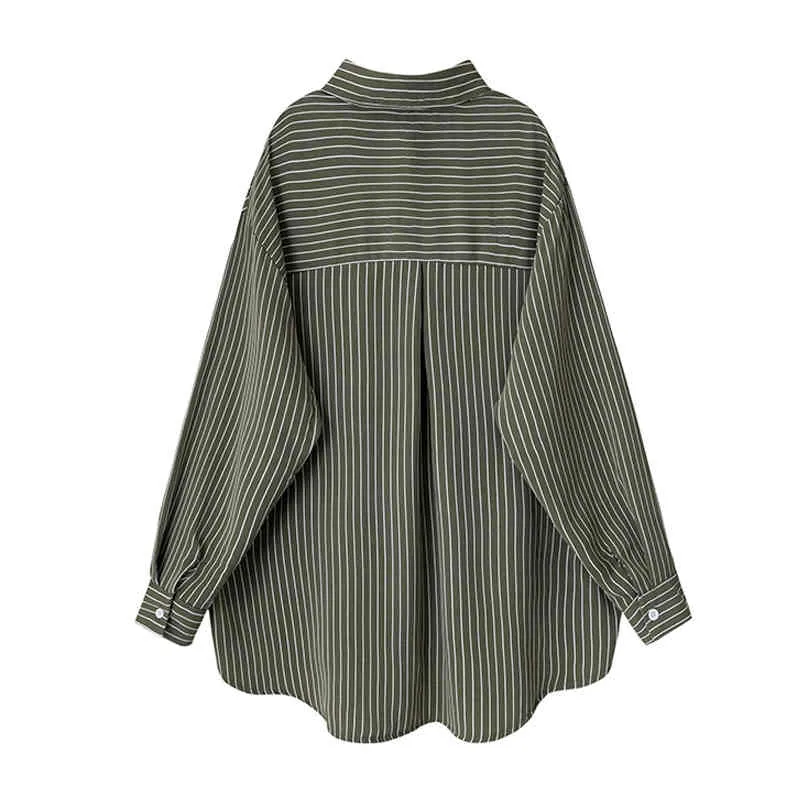 Yaz Yeşil Retro Şerit Uzun Kollu Kadın Bluz Kore Tarzı Streetwear Düğme Yukarı Bayanlar Gömlek Asimmertrical Tops Lady 210515