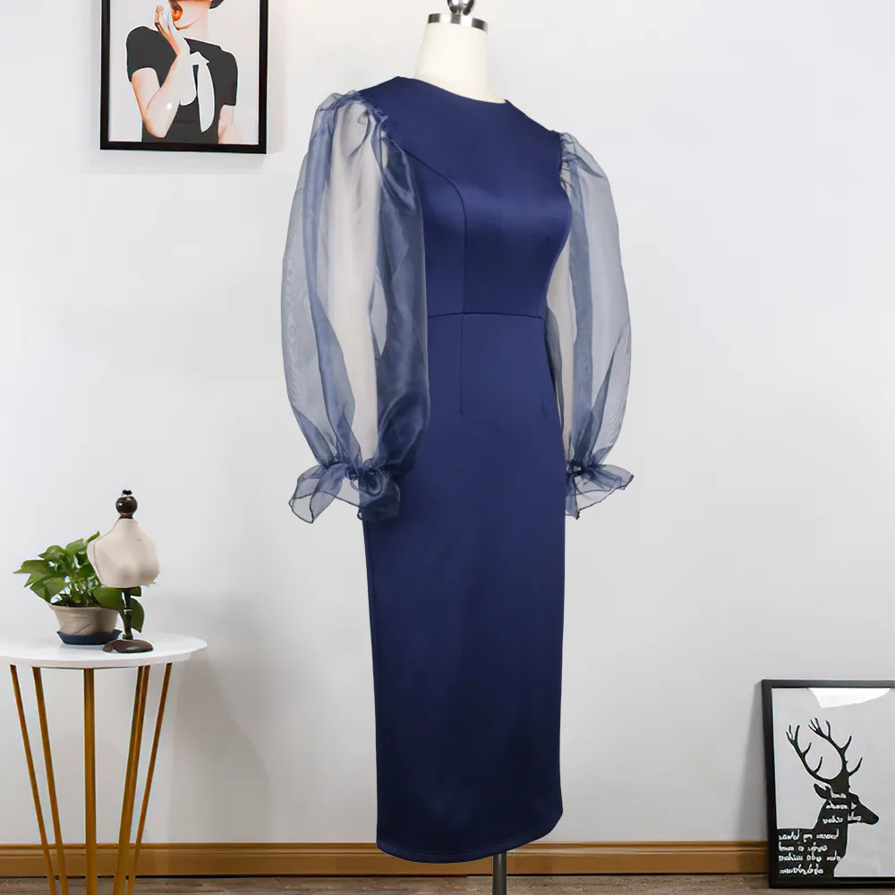 Femmes élégantes robe longue de soirée bleu marine voir à travers les manches en organza mode africaine grande taille robes moulantes minces printemps été F1466038