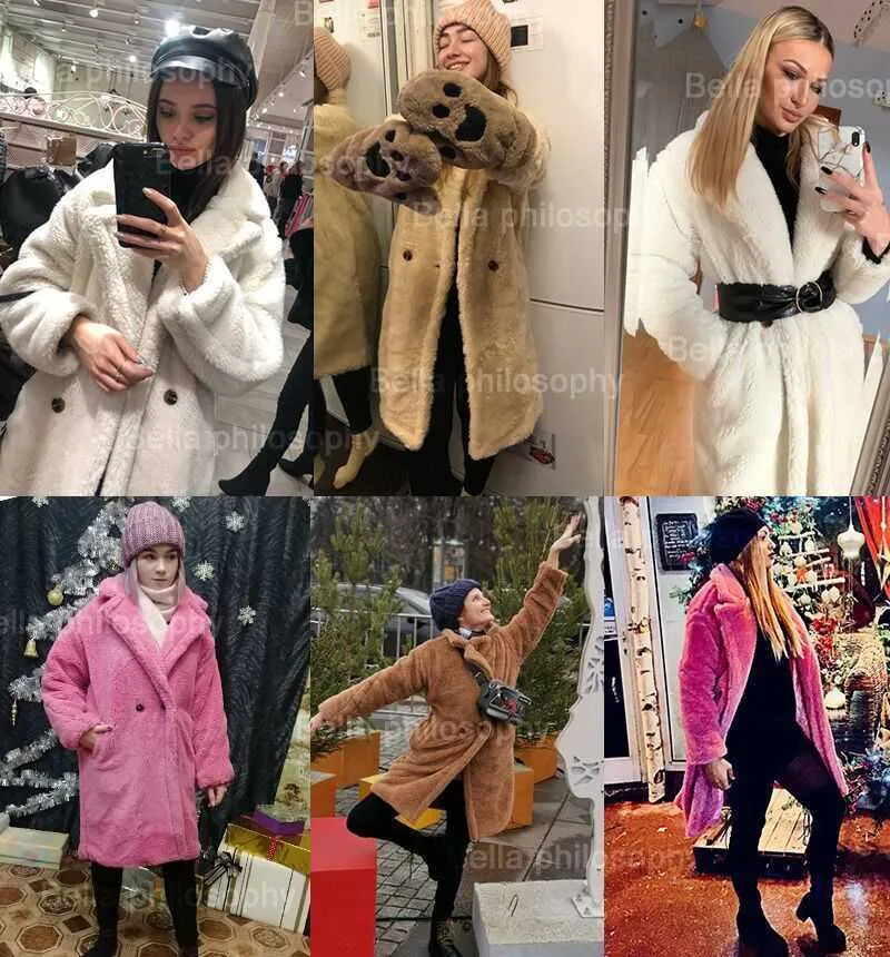 Bella kvinnor vinter faux päls varm lång kappa långärmad kvinnlig tjock nallebjörn casual loose oversize outwears 210817