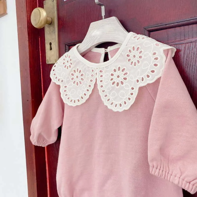 Spring Baby Girl Bodysuit Lace Peter Pan Collar Puff Sleeves Jumpsuit born Sweet Style Kids Clothes E15 210610