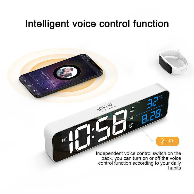 Réveil LED montre numérique Table commande vocale musique Despertador USB alimenté par batterie horloges murales électroniques 210804