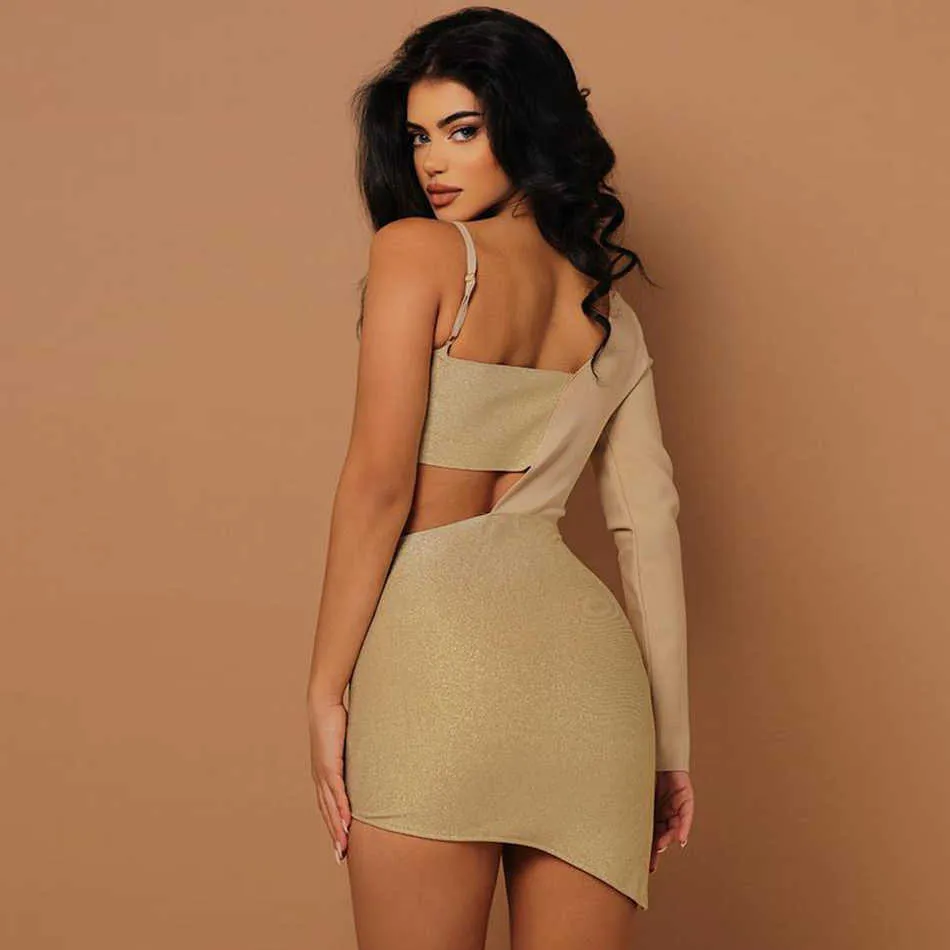 Summer Nude Bodycon Club Bandage Dress Feminine Hollow Mini Long Sleeve One Shoulder Celebrity Party 210527