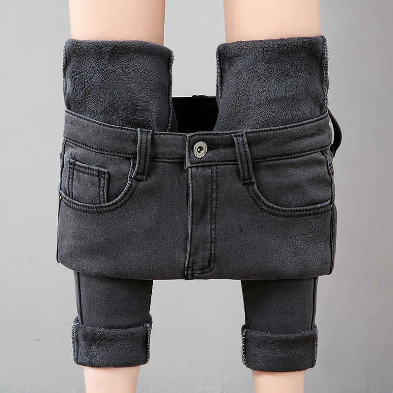 Черный синий серый высокий талия бархатные джинсы толстые джинсы зимние тощие растягивающие женщины теплые плюс мама джинсовые брюки размер 40 210629
