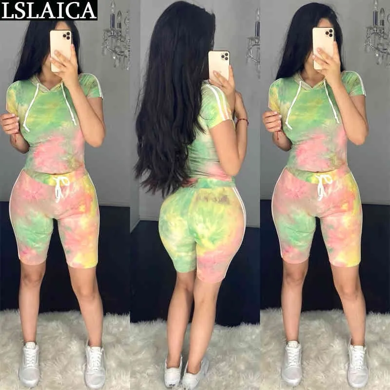 Été Femme Femmes Hooded Topknee Longueur Pant Tie-Dye Print Causal Clothing Sets Two Pieces Office Sport Fashion Ropa Mujer 210520