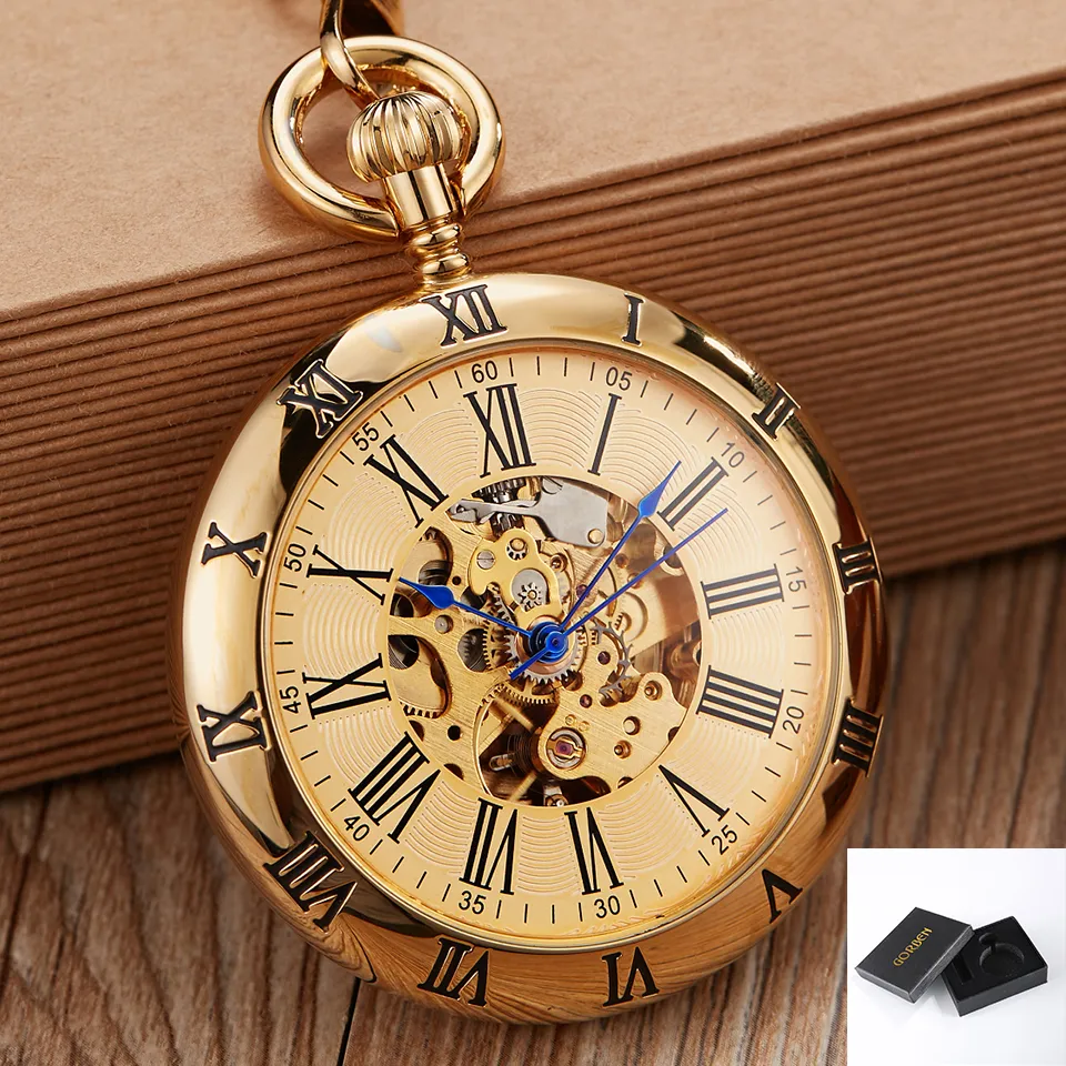 Роскошные золотые автоматические механические карманные часы в стиле ретро, медные часы с римскими цифрами, брелок-цепочка, подвески для мужчин и женщин223d