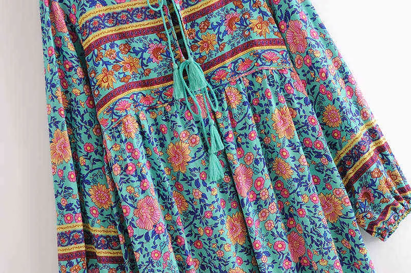 Vintage Chic Femmes À Manches Longues Cravate Cou Ethnique Vert Imprimé Floral Plage Bohème Maxi Robes Dames Boho Robe Robe Robes G1214