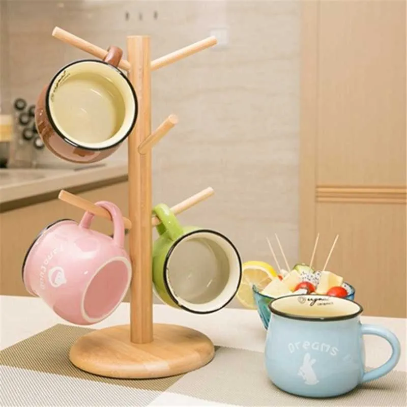 Tree Shape Wood Coffee Tea Cup Storage Holder Stand Home Kitchen Mug Hanging Display Rack Drinkware Shelf With 6 Hooks 210705