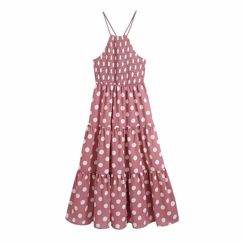 ZA Dames Roze Polka Dot Halter Jurk Zomer Mouwloze Backless Strandbanden Jurk Mode Elastische Smooked Geplooide Midi Jurken 210602