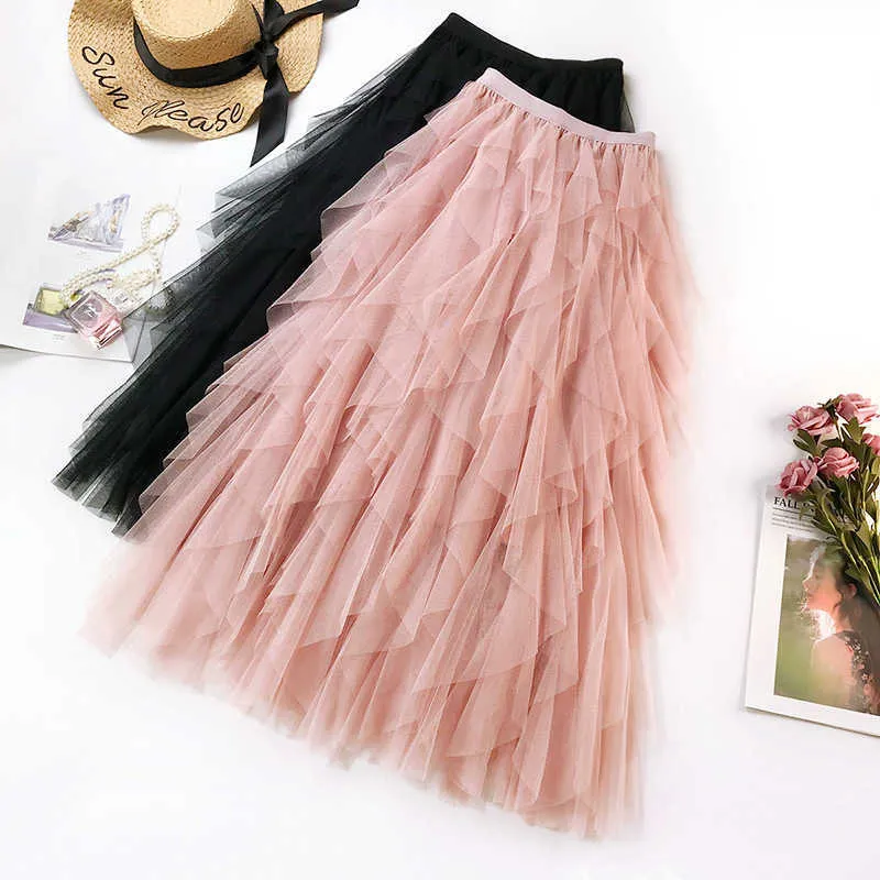 Mode Tutu Tulle Jupe Femmes Long Maxi Printemps Été Coréen Noir Rose Taille Haute Plissée Femme 210607