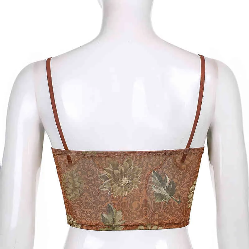 Brown Daisy Printed Y2k Camis Crop Top Women Summer Lace Patched Sexy Corset Spaghetti Strap Patty Shirt Tee Beach Vests 210510