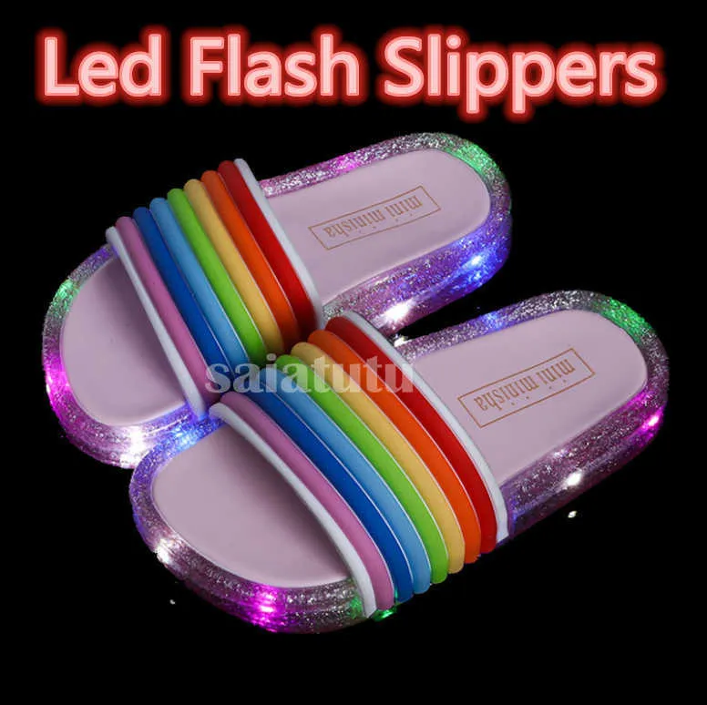 신발 Luminous Jelly 여름 어린이 Led 슬리퍼 소녀 PVC 미끄럼 방지 비치 샌들 키즈 레인보우 신발 소년 슬리퍼 210712