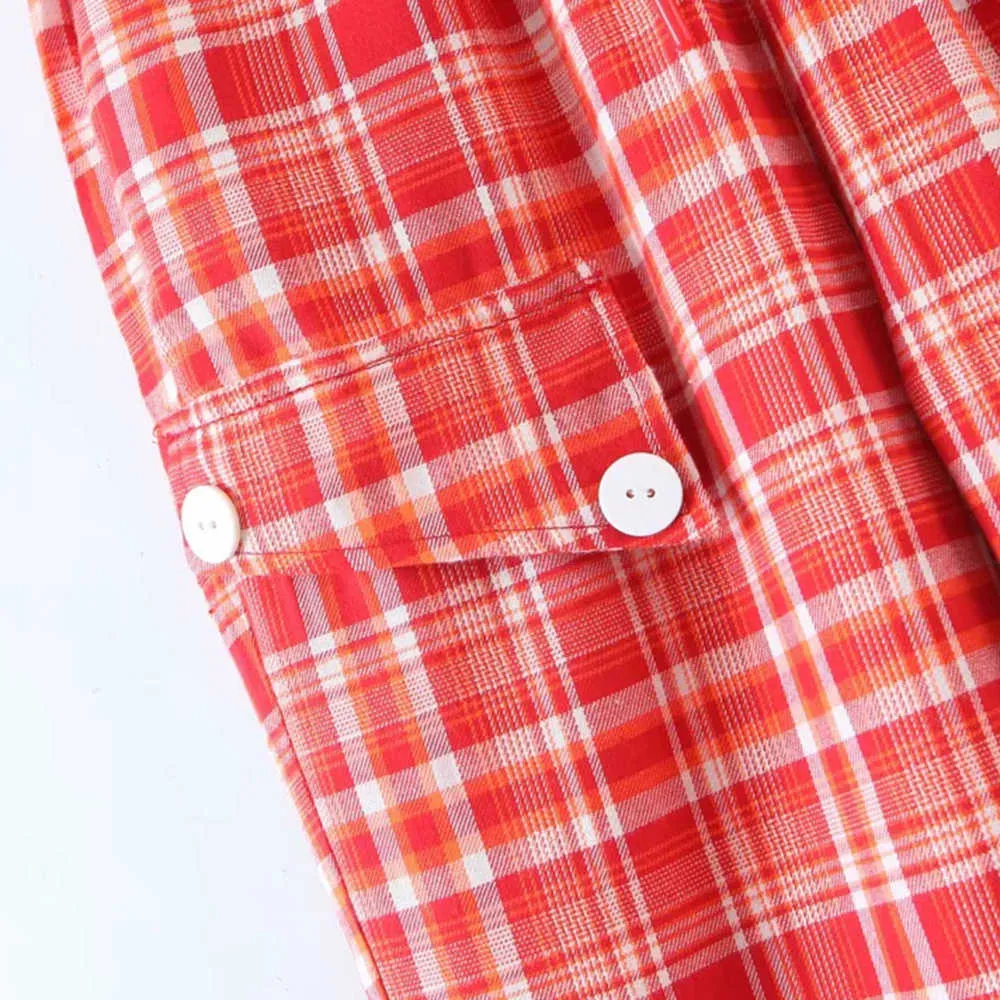 Kvinnor Retro Röd Plaid Suit Pants Casual High Waist All-Match Drawstring Straight Fashion Trousers 210531