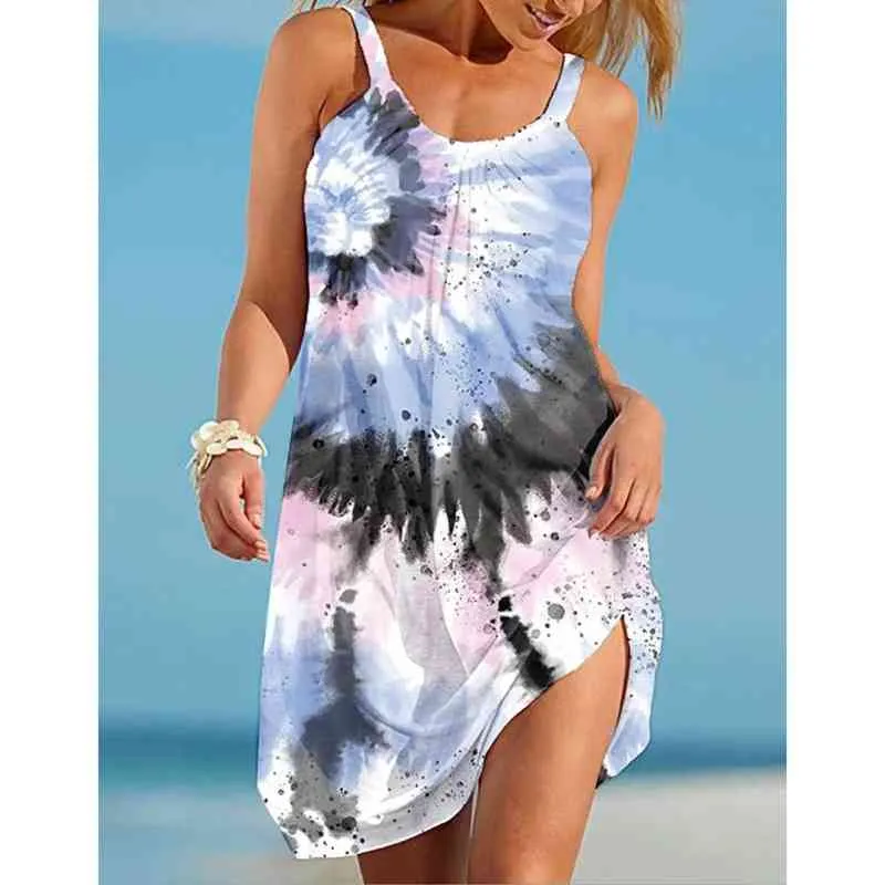 Sommer Frauen Sexy Strand Kleider 3D Dunklen Farbverlauf Ärmellose Halter Böhmischen Vintage Beachwear Mädchen Übergroßen Mode Party Kleid Y1204