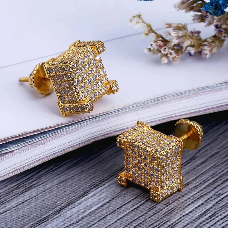 Sparkling Hiphop Men Screw Back Zircon Stud Earrings Brand Designer Male Cool Cubic Crystal Diamond Ear Stud Top Quality Jewelry W318c