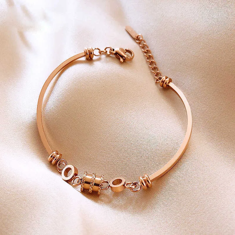 Bracelets en acier inoxydable or rose, chaîne en métal, perles géométriques, bijoux pour femmes, accessoires Q0719