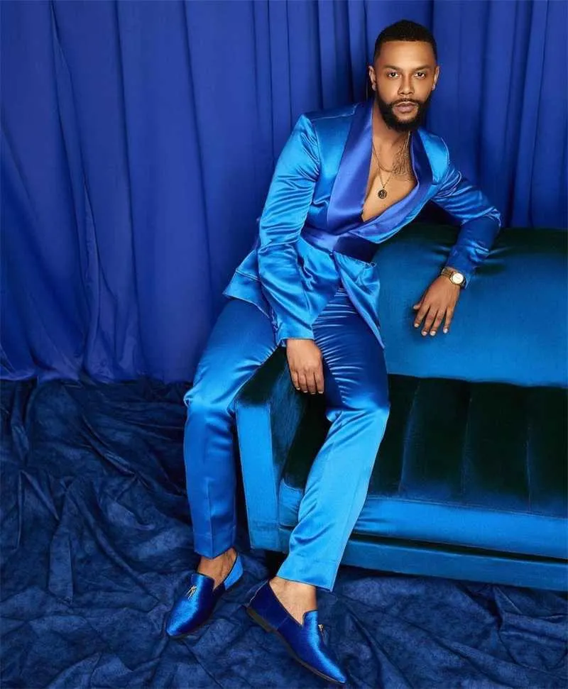 2-piece Erkekler Ipek Saten Düğün Takım Elbise Smokin Yaz Parti Giymek Fit Moda Mavi İş Için En Iyi Adam Doored Yaka Blazer Suit X0909
