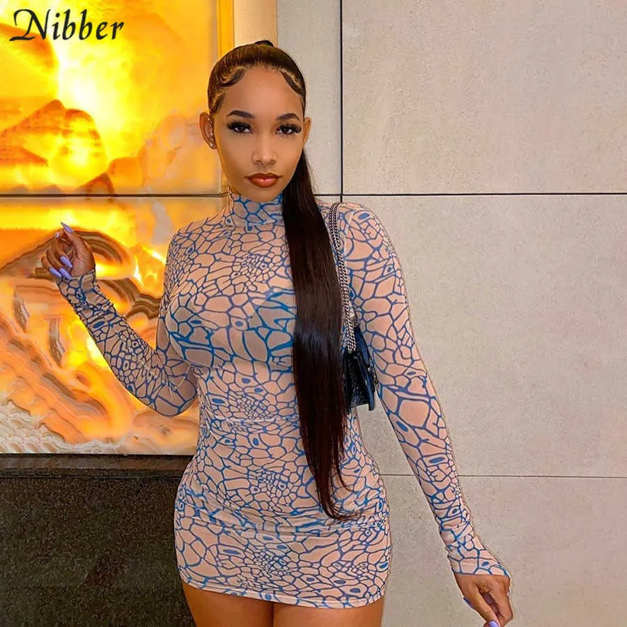 Nibber Autumn Stylish Print Graphics See Through Mini Dress Women Bodycon Basic Streetwear Club Party Sexy Mesh Hip Dress Donna Y0726