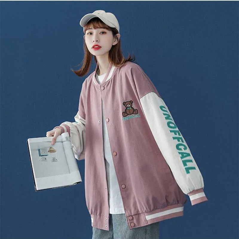 Printemps Streetwear Harajuku BF Baseball Manteau Femmes Simple Poitrine Spliced Automne Bomber Veste Vêtements 210531