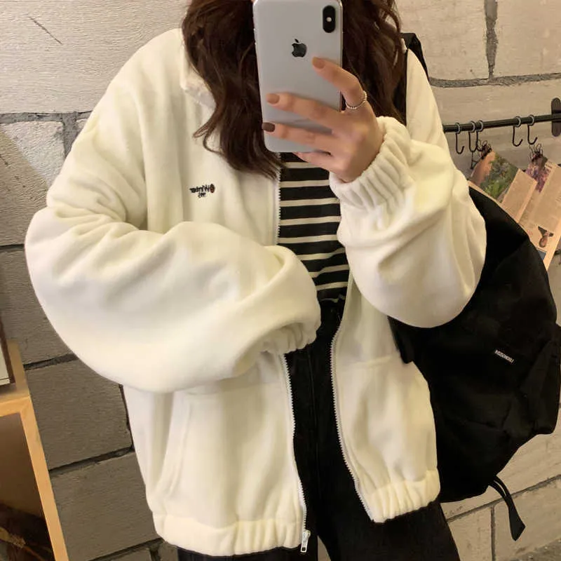 Zipper damer vinter hög kvalitet mode harajuku stil långärmad fleece stor rund hals hoodie hooded tröja grossist 210816