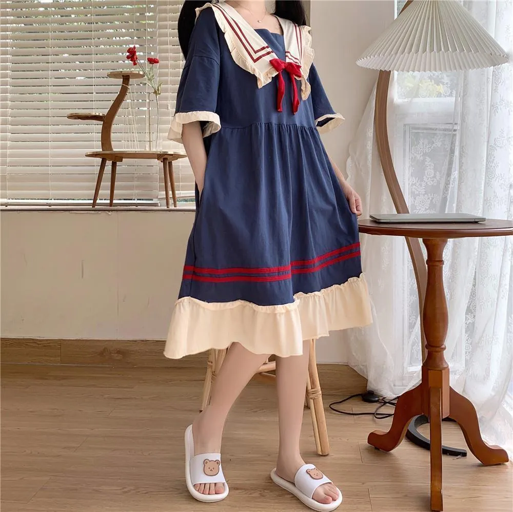 夏のカワイイ日本の船乗りの襟ドレス甘いネイビー弓の女の子かわいいドレスプレッピースタイルビンテージプリンセスvestidos 210517