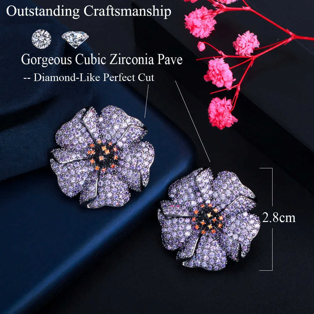 Gorgeous Violet Flower Purple Cubic Zirconia Crystal Big Stud Earrings for Women Wedding Party Gift Jewelry CZ909 210714