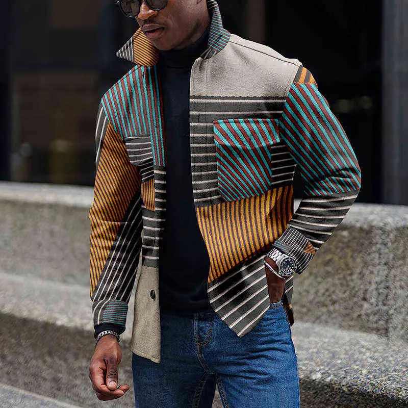 秋冬男性ジャケット原宿ファッションの縞模様のパッチワークコートのためのパッチワークコートのためのカジュアルなターンダウンカラーボタンアップアウター211217
