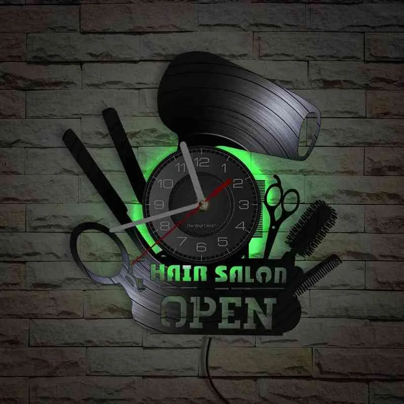 Salon de coiffure entreprise signe ouvert disque vinyle horloge murale coiffeur vinyle Album réutilisé Record mur montre Vintage montres H1230