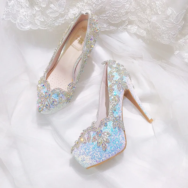 2022 Rhinestone Sequin Bridal Shoes Bridesmaid banquet round head high-heeled women single shoes