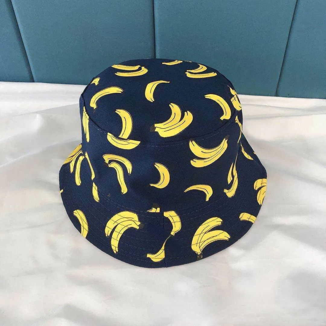 Banana Lemon Printed Double-Sided Bucket Hat Women Summer Cotton Fashion Panama Cap Sun Girls Fishing Black Fisherman's H237F