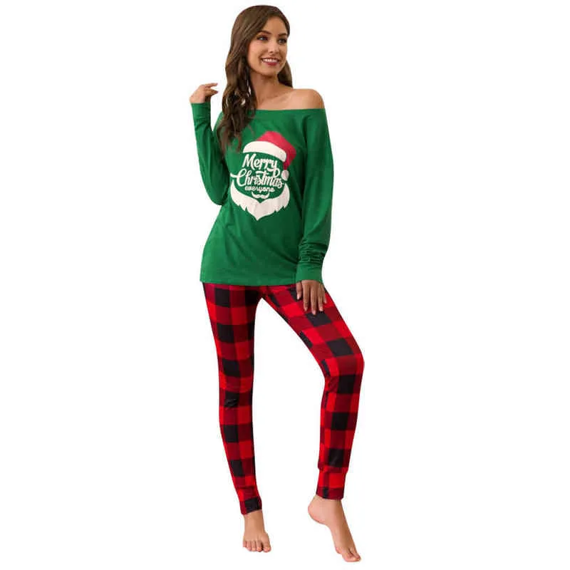 Joyeux Noël Femmes Hiver Pyjama Ensemble Coton Vêtements De Nuit Long Treillis Pantalon + Xmas Imprimer Pyjamas Femmes Vêtements Pyjama Plus La Taille 211211