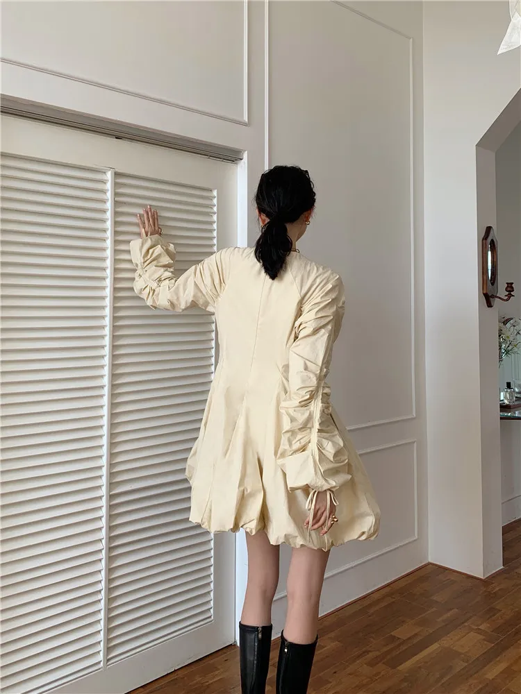 Moda donna manica a sbuffo abito increspato lungo tunica Stereo Bud Mini coreano autunno primavera 210427