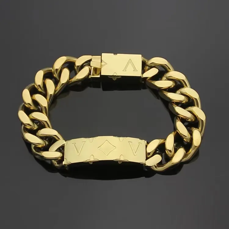 Cor de ouro masculino gelado marca de aço inoxidável pulseiras femininas moda strass miami cubana link corrente hip hop bracelet2850