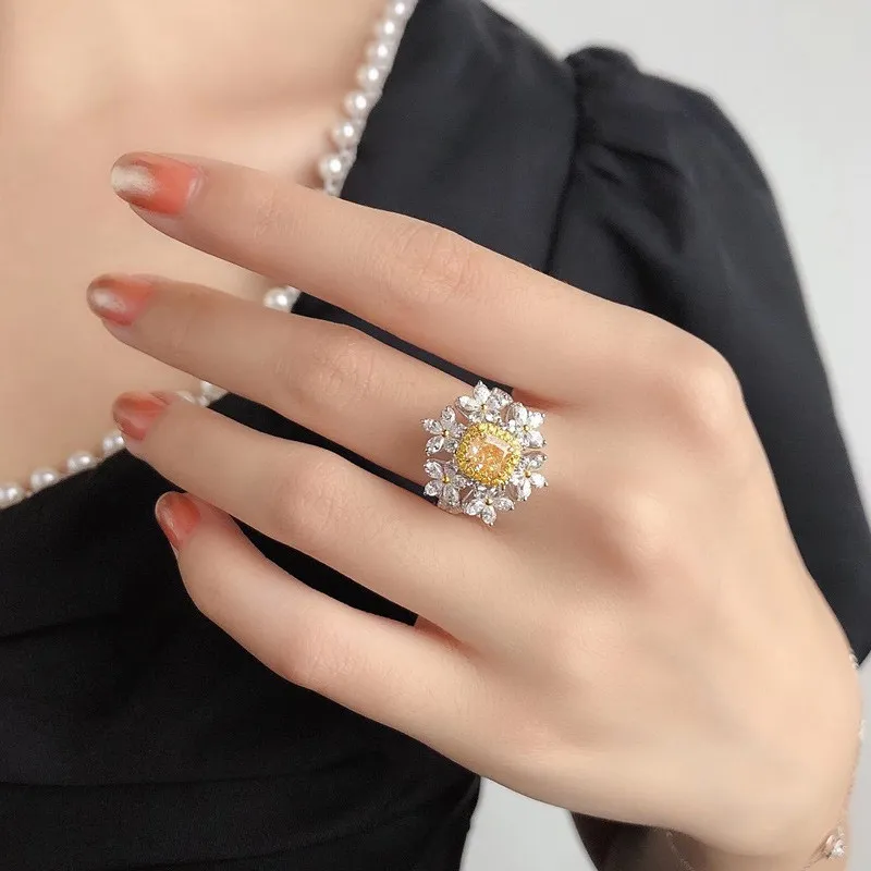 6花2黄色いクリスタルシトリン宝石用ダイヤモンドリング女性ホワイトゴールドシルバーカラージュエリーバギー結婚式ギフト