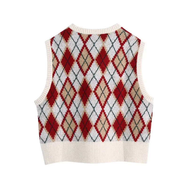 Vintage Woman Red Loose Argyle Stickad Vest Spring Fashion Ladies Oversized V Neck Sweater Girls Cute Christmas Tank 210515
