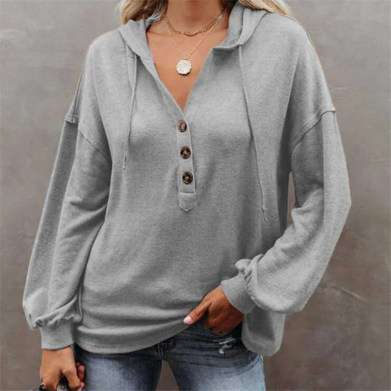 5xl Oversize Women Plus Size Hooded Sweatshirts Loose Pullovers Casual Button Hoodes Långärmad Solid Tunna Höst Toppar 2020 Ny Y0820
