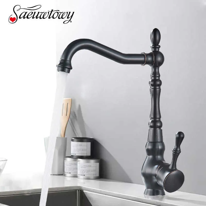 Rubinetto da cucina classico Rubinetto lavabo in bronzo nero 360 Girevole Rubinetto da cucina in ottone Installazione a ponte e miscelatore a freddo 210724