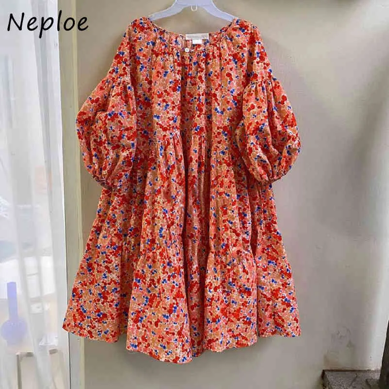 Korean Print Vintage Dress Women High Waist Hip A Line Knee Length Vestidos O Neck Lantern Short Sleeve Robe Loose Summer 210422