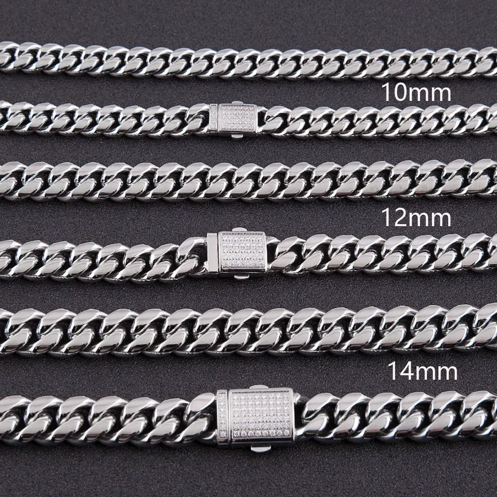 10mm 12mm 14mm Men Women Cuban Link Chain Necklace Bracelet Curb Choker Chains Jewelry CNC Cubic Zirconia Box Clasp 316L Stainless3416