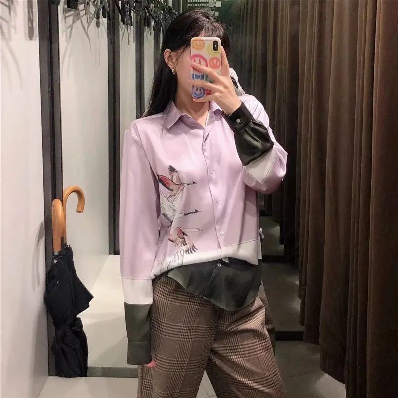 Розовая напечатанная кнопка рубашка женщины осень старинные китайский стиль воротник с длинным рукавом топ моды вскользь женские блузки 210519