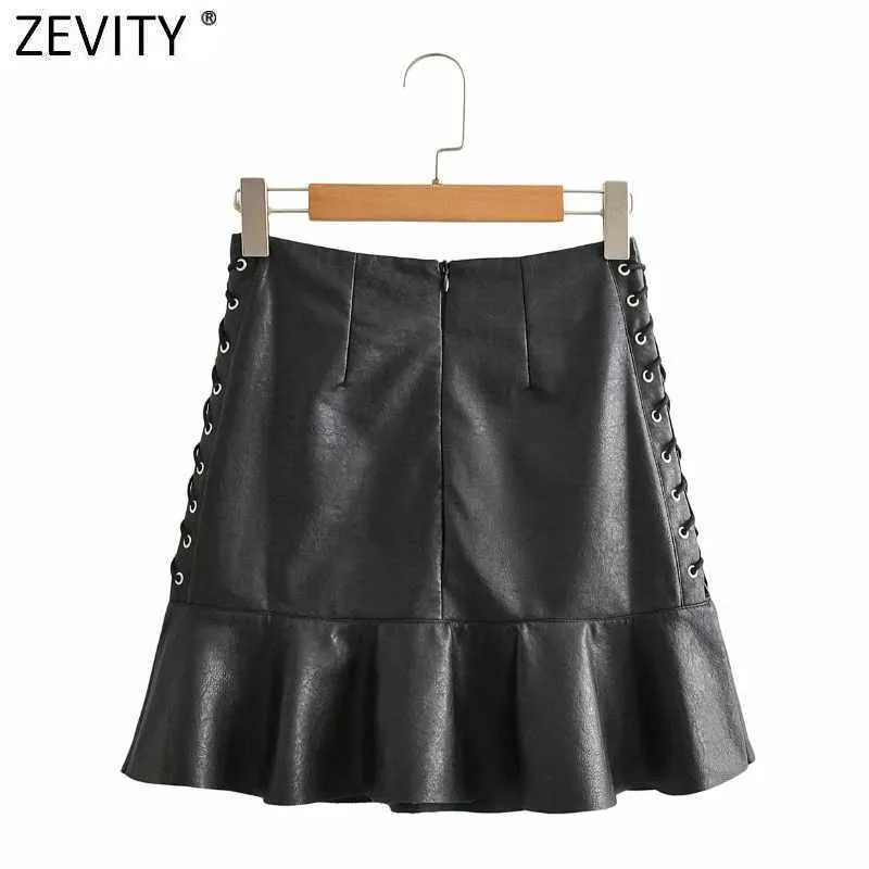 Zevity Women Vintage Side Lace Up PU Läder En Linje Skirt Faldas Mujer Kvinna Back Zipper Chic Hem Ruffles Vestidos QUN709 210603